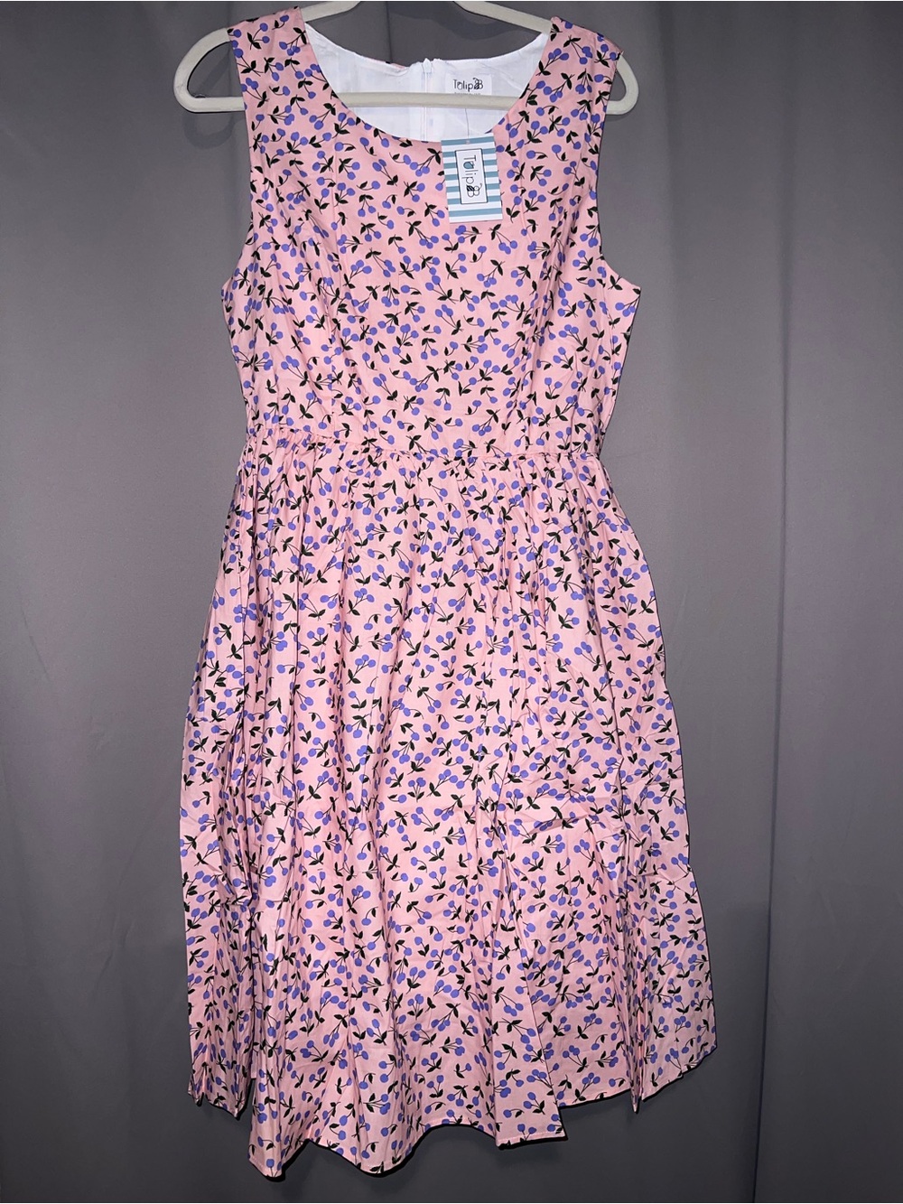 NWT Tulip B Cherry Print Midi Dress L Pink Sleeveless Pockets Retro Pinup Cute - Picture 2 of 9